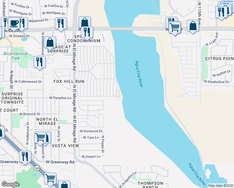 map of restaurants, bars, coffee shops, grocery stores, and more near Morning Glory Court in Surprise