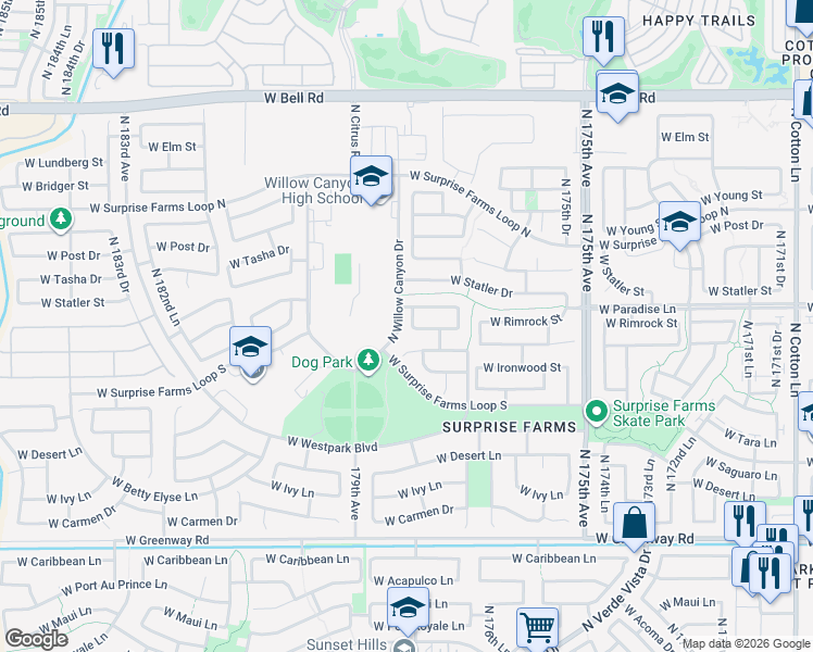 map of restaurants, bars, coffee shops, grocery stores, and more near 17786 West Rimrock Street in Surprise
