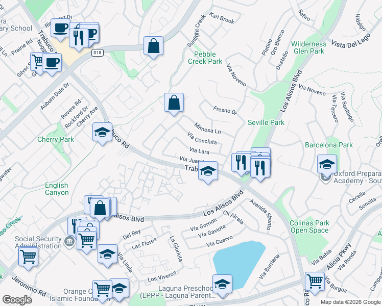 map of restaurants, bars, coffee shops, grocery stores, and more near 26372 Vía Lara in Mission Viejo