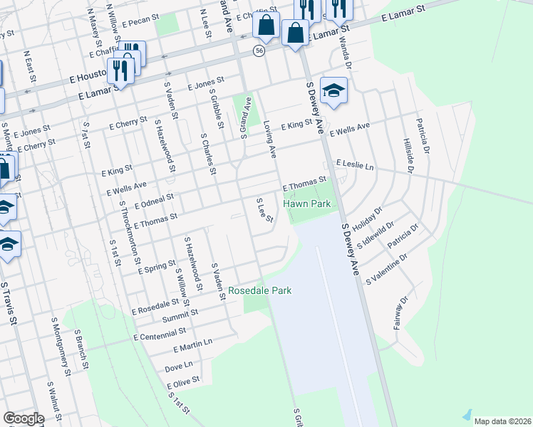map of restaurants, bars, coffee shops, grocery stores, and more near 917 South Lee Street in Sherman