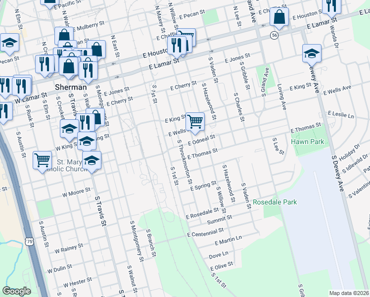 map of restaurants, bars, coffee shops, grocery stores, and more near 800 South Maxey Street in Sherman