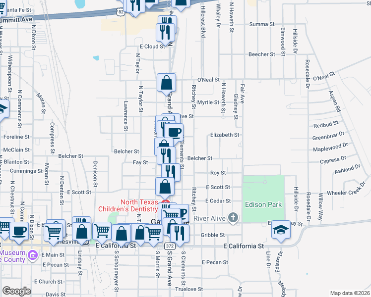 map of restaurants, bars, coffee shops, grocery stores, and more near 725 North Clements Street in Gainesville