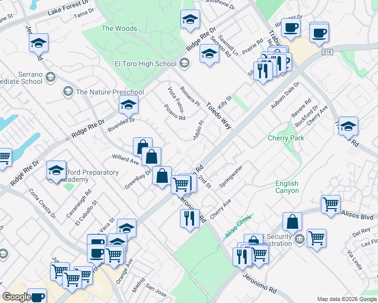 map of restaurants, bars, coffee shops, grocery stores, and more near 22844 Mesa Way in Lake Forest