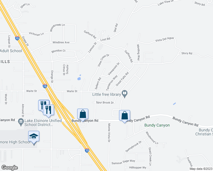 map of restaurants, bars, coffee shops, grocery stores, and more near 22421 Lakewood Drive in Wildomar