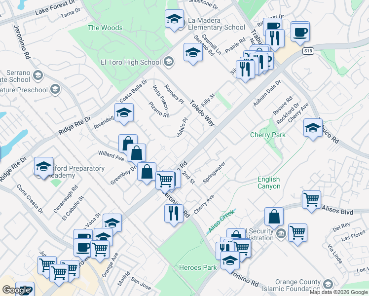 map of restaurants, bars, coffee shops, grocery stores, and more near 22858 Bonita Lane in Lake Forest
