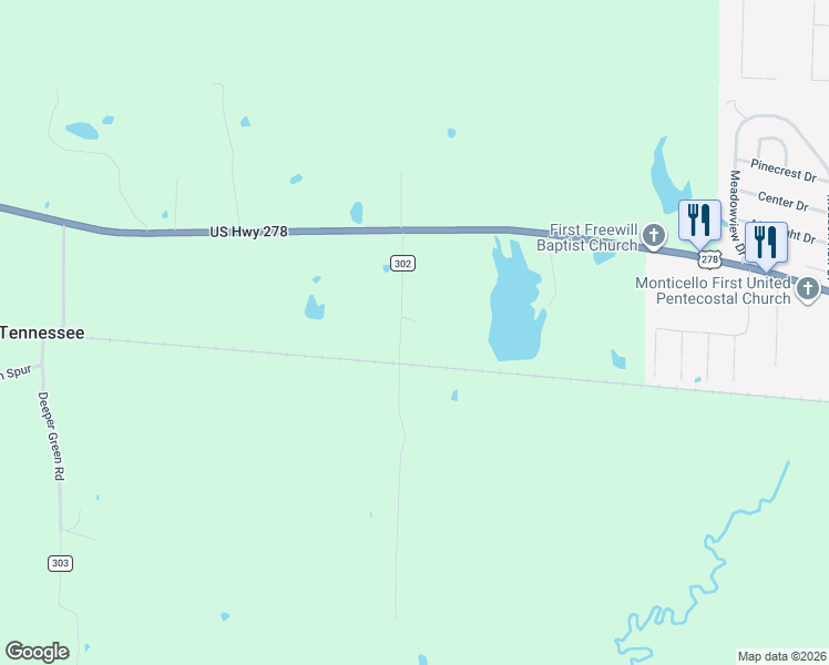 map of restaurants, bars, coffee shops, grocery stores, and more near 139 Tucker Lane in Monticello