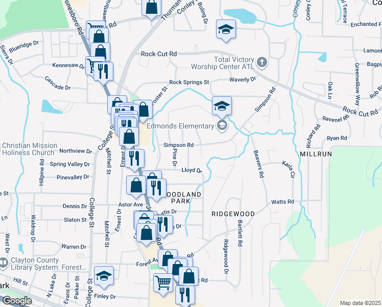 map of restaurants, bars, coffee shops, grocery stores, and more near 4517 Ridge Drive in Forest Park