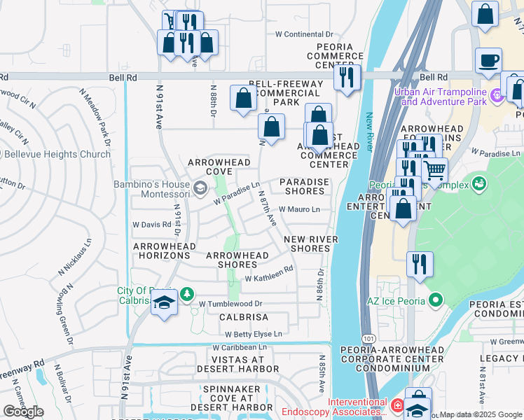 map of restaurants, bars, coffee shops, grocery stores, and more near 8712 West Davis Road in Peoria