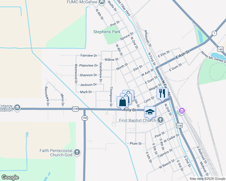 map of restaurants, bars, coffee shops, grocery stores, and more near 703 Thompson Street in McGehee