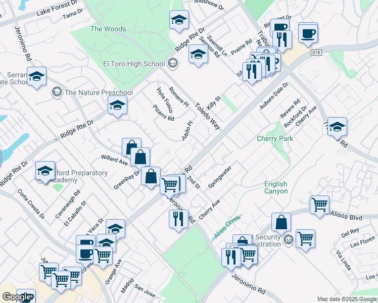 map of restaurants, bars, coffee shops, grocery stores, and more near 22844 Mesa Way in Lake Forest