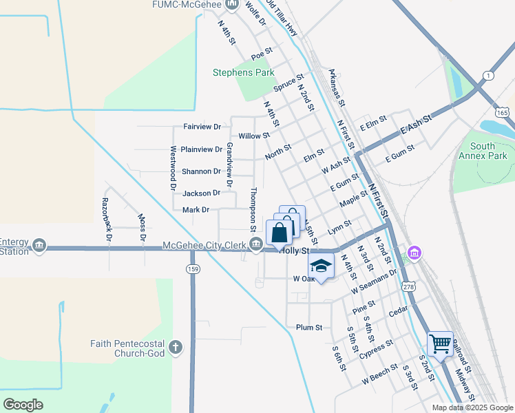 map of restaurants, bars, coffee shops, grocery stores, and more near 703 Thompson Street in McGehee