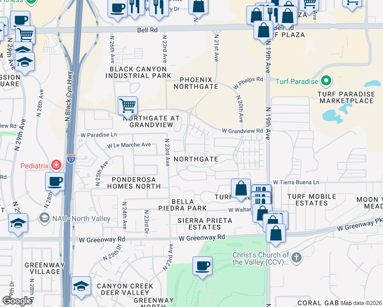 map of restaurants, bars, coffee shops, grocery stores, and more near 2136 West Monte Cristo Avenue in Phoenix