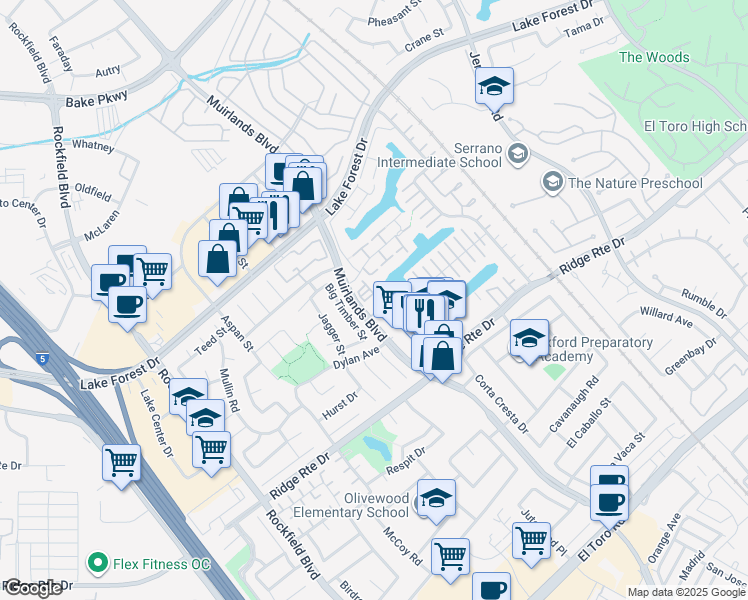 map of restaurants, bars, coffee shops, grocery stores, and more near 22845 Orchid Creek Lane in Lake Forest