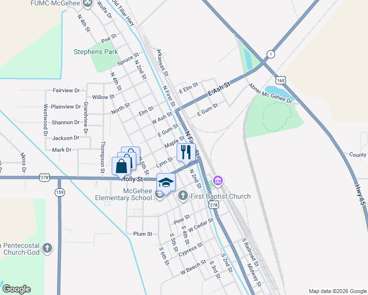 map of restaurants, bars, coffee shops, grocery stores, and more near 402 North 2nd Street in McGehee