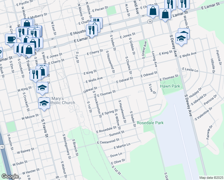 map of restaurants, bars, coffee shops, grocery stores, and more near 815 South Willow Street in Sherman
