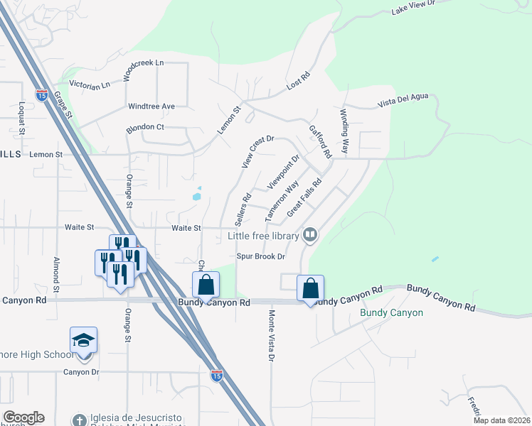 map of restaurants, bars, coffee shops, grocery stores, and more near 22421 Lakewood Drive in Wildomar