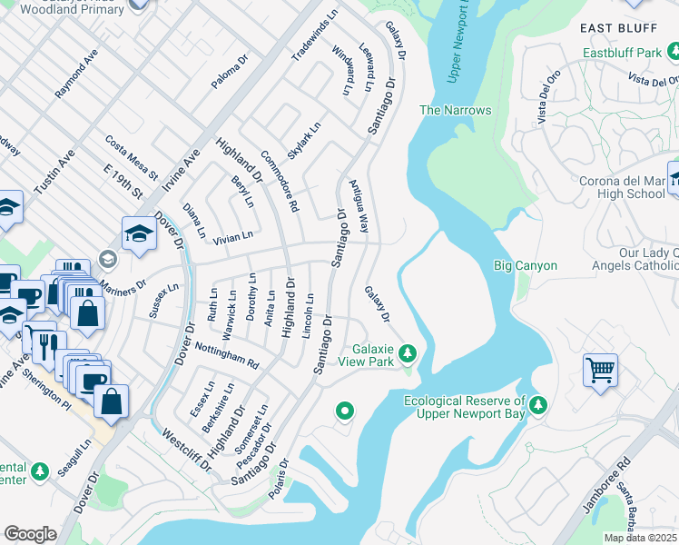 map of restaurants, bars, coffee shops, grocery stores, and more near 1438 Santiago Drive in Newport Beach