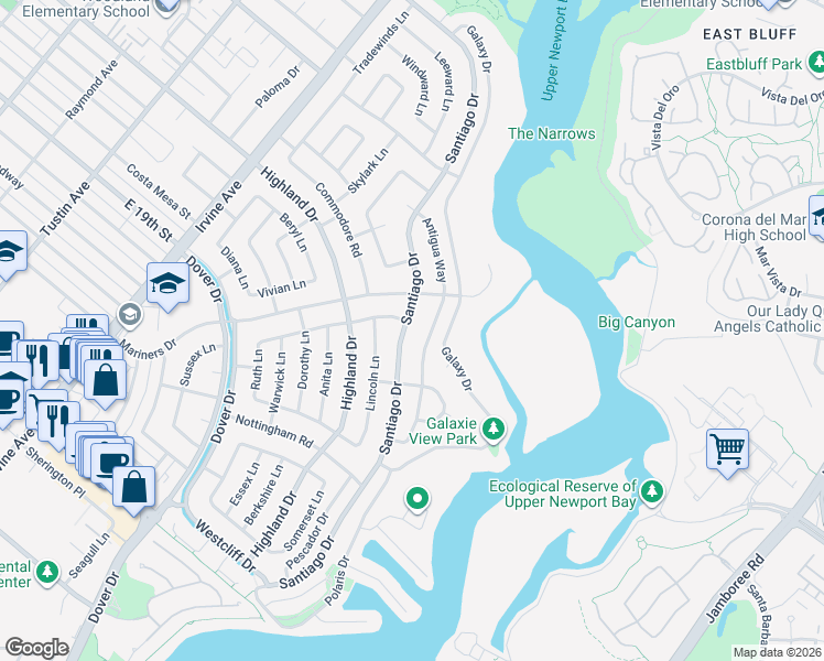 map of restaurants, bars, coffee shops, grocery stores, and more near 1438 Santiago Drive in Newport Beach