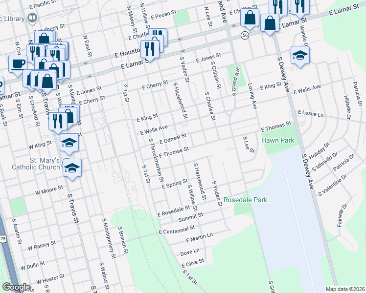 map of restaurants, bars, coffee shops, grocery stores, and more near 815 South Willow Street in Sherman