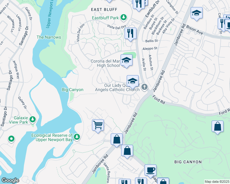 map of restaurants, bars, coffee shops, grocery stores, and more near 745 Domingo Drive in Newport Beach
