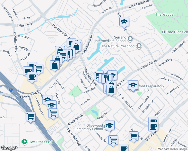 map of restaurants, bars, coffee shops, grocery stores, and more near 24214 Jasper Lake Lane in Lake Forest