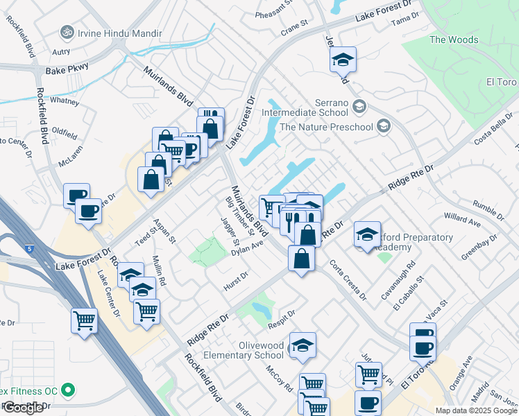 map of restaurants, bars, coffee shops, grocery stores, and more near 22845 Orchid Creek Lane in Lake Forest