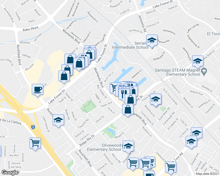 map of restaurants, bars, coffee shops, grocery stores, and more near 24214 Jasper Lake Lane in Lake Forest