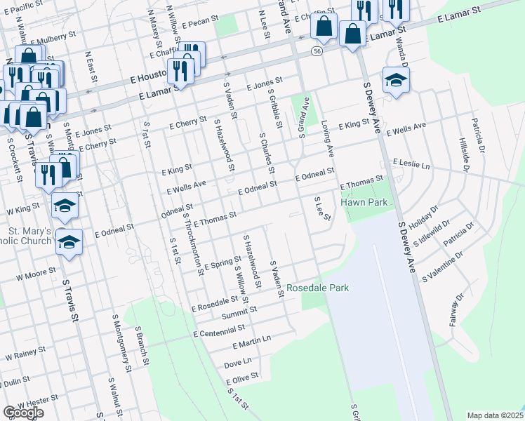 map of restaurants, bars, coffee shops, grocery stores, and more near 1020 East Thomas Street in Sherman
