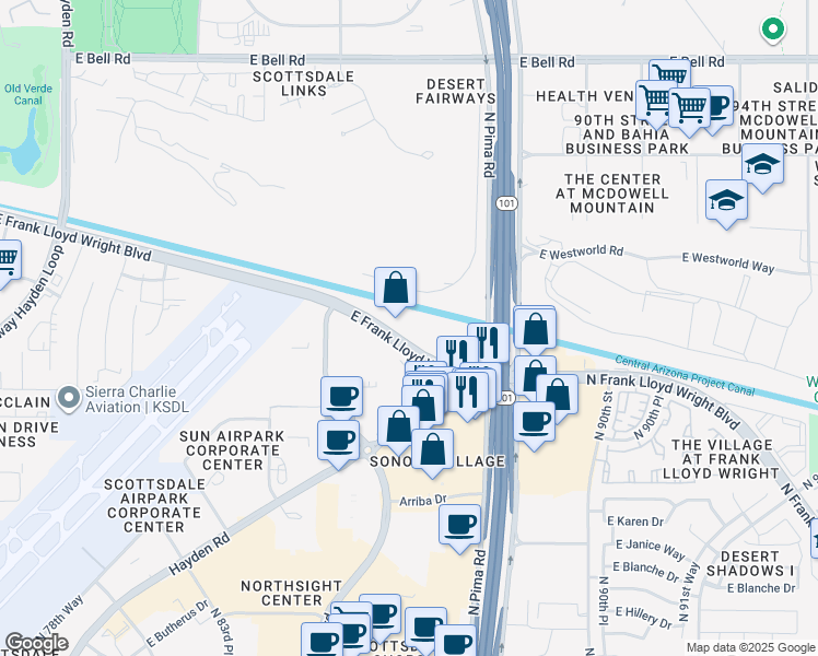 map of restaurants, bars, coffee shops, grocery stores, and more near 8650 East Frank Lloyd Wright Boulevard in Scottsdale