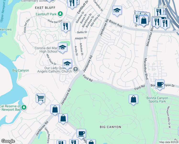 map of restaurants, bars, coffee shops, grocery stores, and more near 41 Northampton Court in Newport Beach
