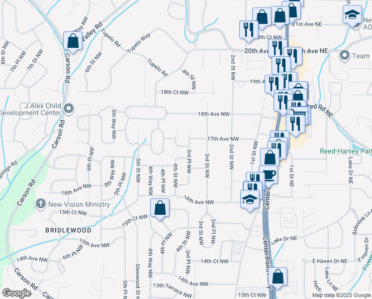 map of restaurants, bars, coffee shops, grocery stores, and more near 317 17th Avenue Northwest in Center Point