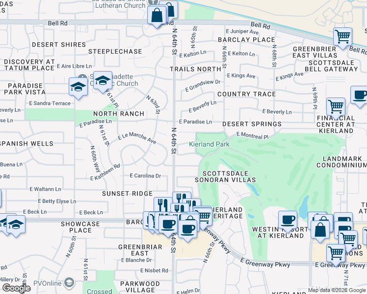 map of restaurants, bars, coffee shops, grocery stores, and more near 6421 East Le Marche Avenue in Scottsdale