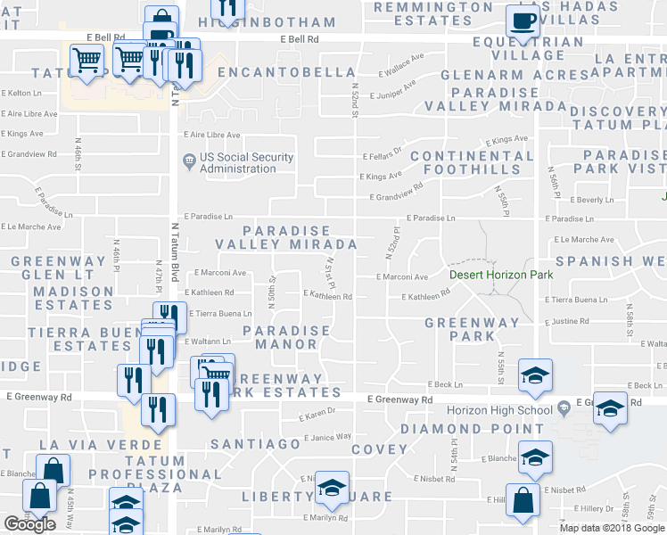 map of restaurants, bars, coffee shops, grocery stores, and more near 15856 North 51st Place in Scottsdale