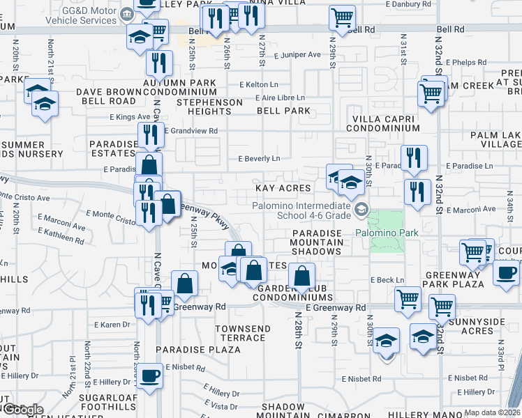 map of restaurants, bars, coffee shops, grocery stores, and more near 16006 North 27th Street in Phoenix