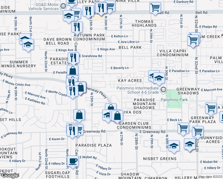 map of restaurants, bars, coffee shops, grocery stores, and more near 2607 East Monte Cristo Avenue in Phoenix