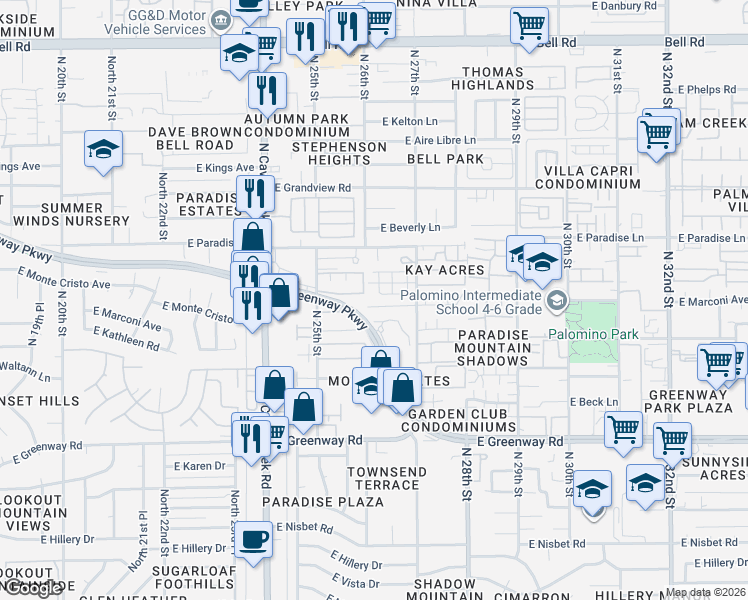 map of restaurants, bars, coffee shops, grocery stores, and more near 2607 East Monte Cristo Avenue in Phoenix