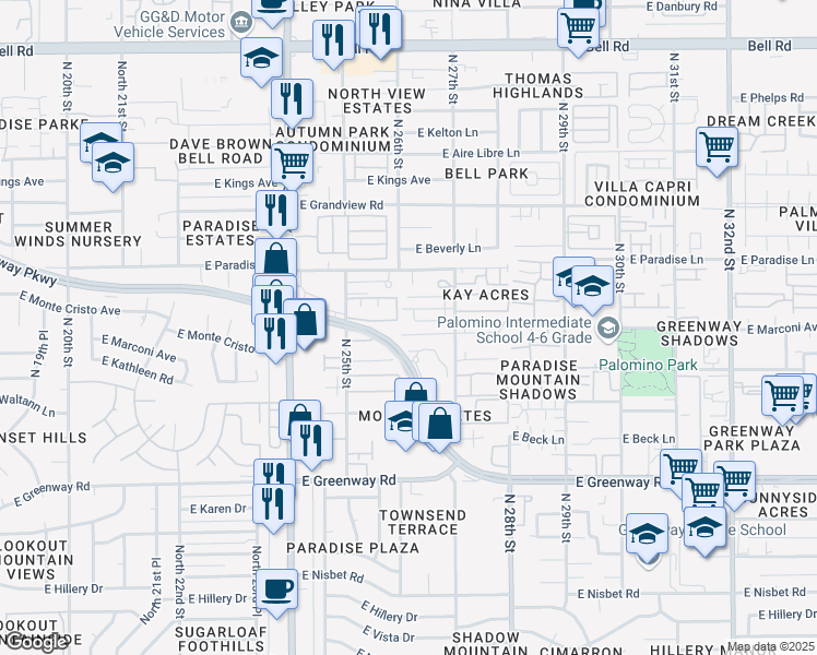 map of restaurants, bars, coffee shops, grocery stores, and more near 2607 East Monte Cristo Avenue in Phoenix