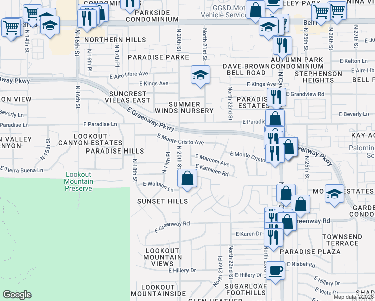 map of restaurants, bars, coffee shops, grocery stores, and more near 15850 North 20th Street in Phoenix