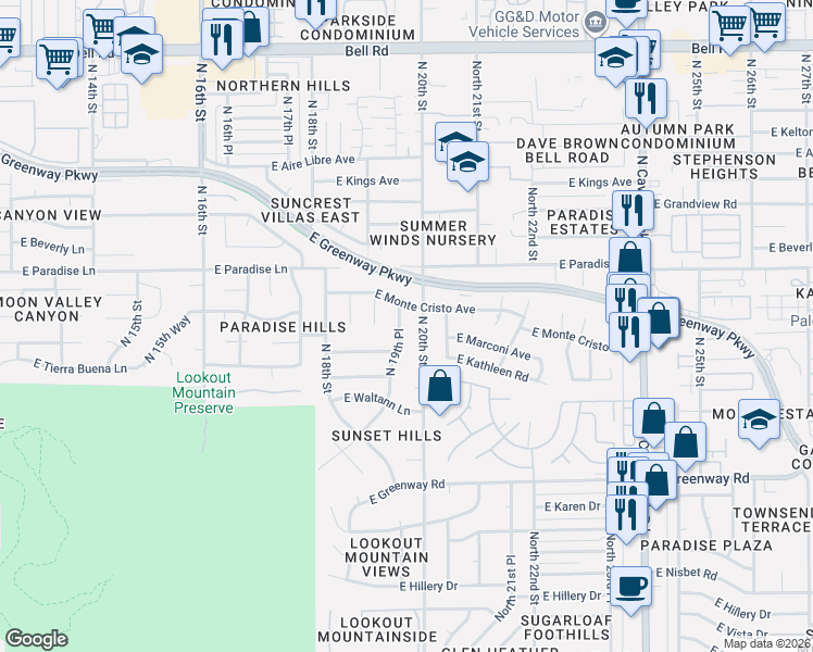 map of restaurants, bars, coffee shops, grocery stores, and more near 15850 North 20th Street in Phoenix