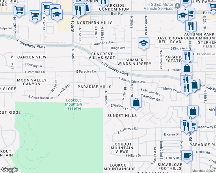 map of restaurants, bars, coffee shops, grocery stores, and more near 15856 North 18th Place in Phoenix