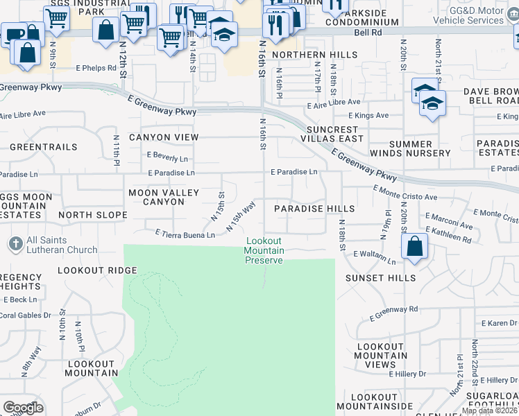 map of restaurants, bars, coffee shops, grocery stores, and more near 1553 East Monte Cristo Avenue in Phoenix