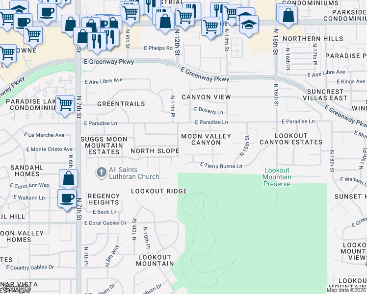 map of restaurants, bars, coffee shops, grocery stores, and more near 1211 East Monte Cristo Avenue in Phoenix