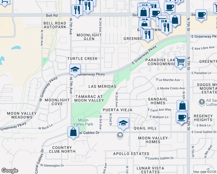 map of restaurants, bars, coffee shops, grocery stores, and more near 302 West Monte Cristo Avenue in Phoenix