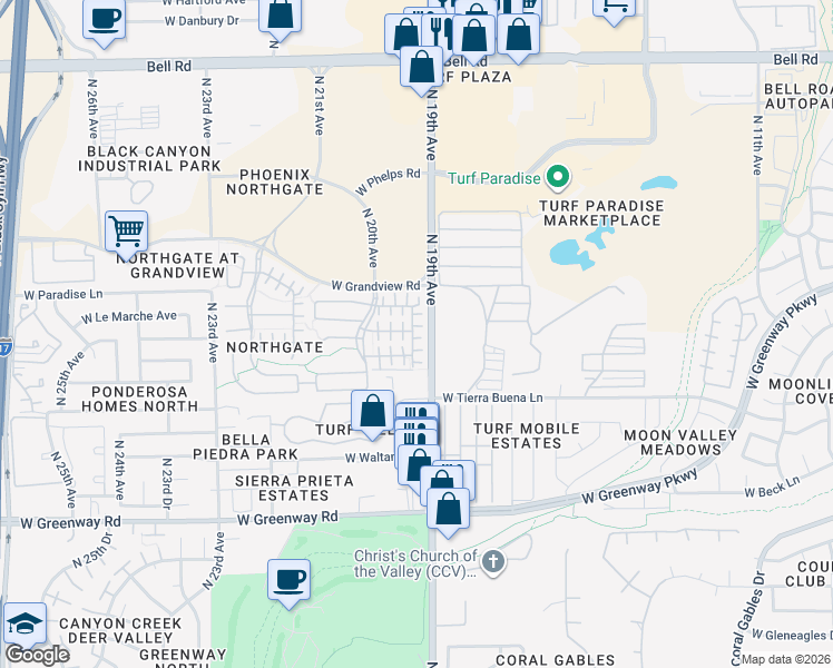 map of restaurants, bars, coffee shops, grocery stores, and more near 1934 West Faria Lane in Phoenix