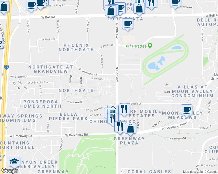 map of restaurants, bars, coffee shops, grocery stores, and more near 1934 West Faria Lane in Phoenix