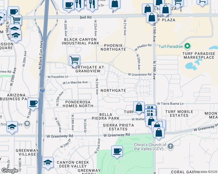 map of restaurants, bars, coffee shops, grocery stores, and more near 2222 West Faria Lane in Phoenix