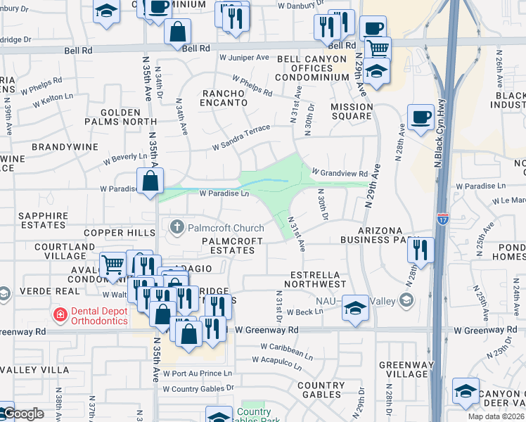 map of restaurants, bars, coffee shops, grocery stores, and more near 15645 North 31st Drive in Phoenix