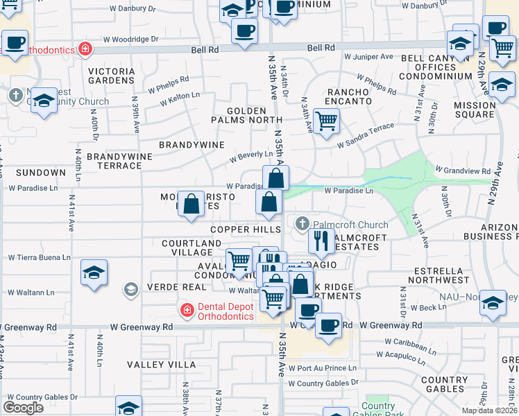 map of restaurants, bars, coffee shops, grocery stores, and more near 16026 North 35th Drive in Phoenix