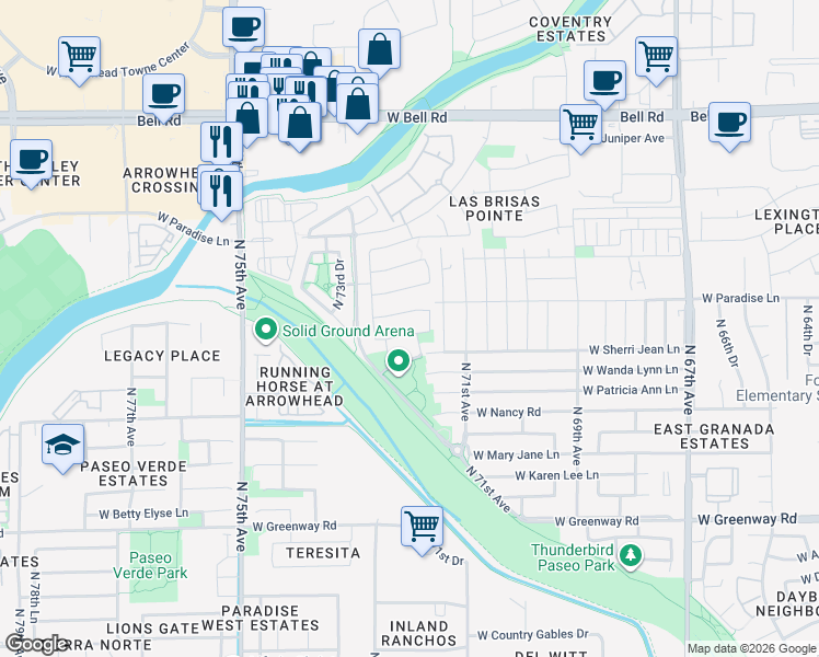map of restaurants, bars, coffee shops, grocery stores, and more near 7227 West Paradise Lane in Peoria