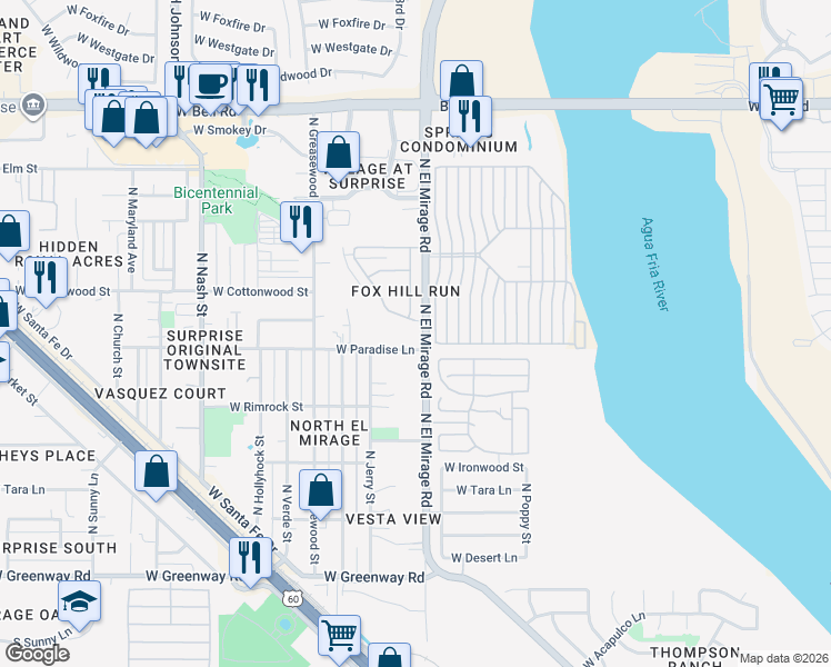 map of restaurants, bars, coffee shops, grocery stores, and more near 16200 North Fox Hill Drive in Surprise
